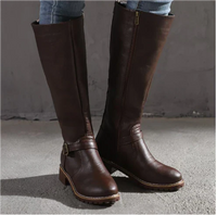 Leather Knee High Boots with Gold Buckle Strap and Block Heel