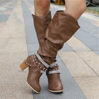 Leather Knee High Boots with Studded Buckle Straps and Block Heel