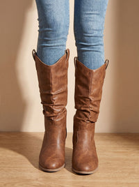 Leather Knee High Cowboy Boots with Block Heel and Wide Shaft