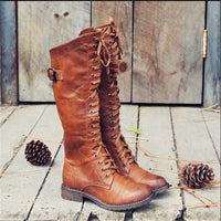Leather Knee High Lace-Up Boots with Side Buckle