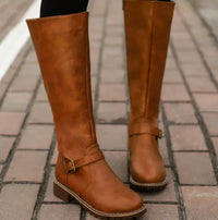 Leather Knee High Riding Boots with Buckle Strap and Block Heel