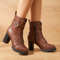 Leather Lace Up Ankle Boots with Block Heel and Buckle Strap