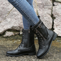 Leather Lace Up Combat Boots with Side Zip and Buckle