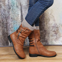 Leather Mid Calf Boots with Lace and Zip Detail