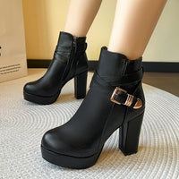 Leather Platform Ankle Boots with Block Heel and Gold Buckle