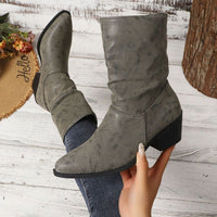 Leather Slouch Boots with Block Heel and Pointed Toe