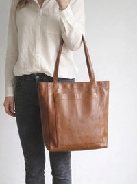 Leather Tote Bag with Front Pocket