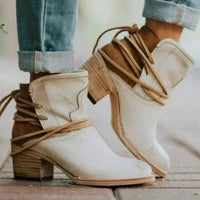 Leather Western Ankle Boots with Block Heel and Wrap Laces