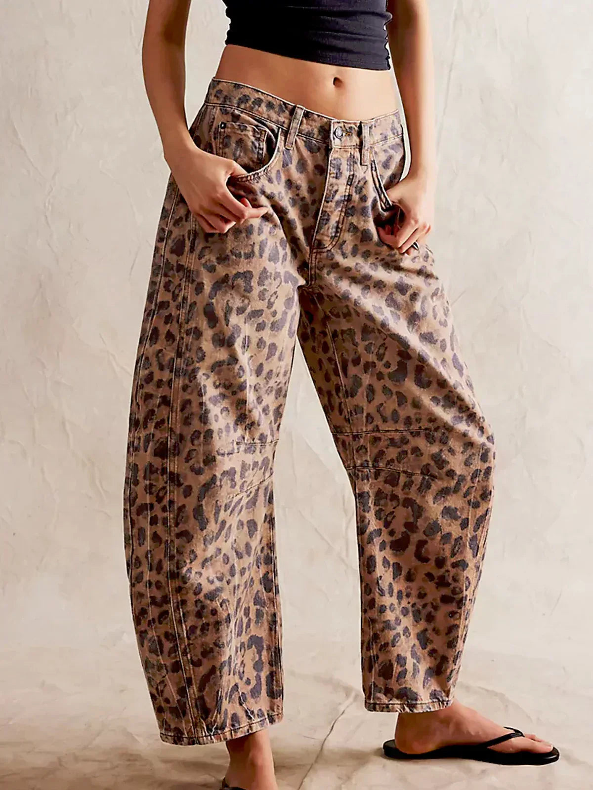 Leopard Print Barrel Leg Jeans with Low Rise Waist
