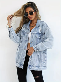 Light Blue Oversized Denim Jacket with Distressed Detail