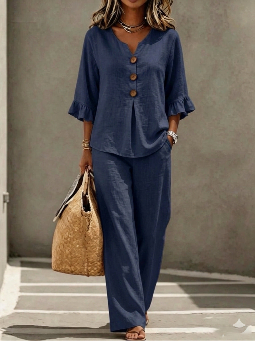 Linen Co Ord Set with Ruffle Sleeves and Wide Leg Trousers