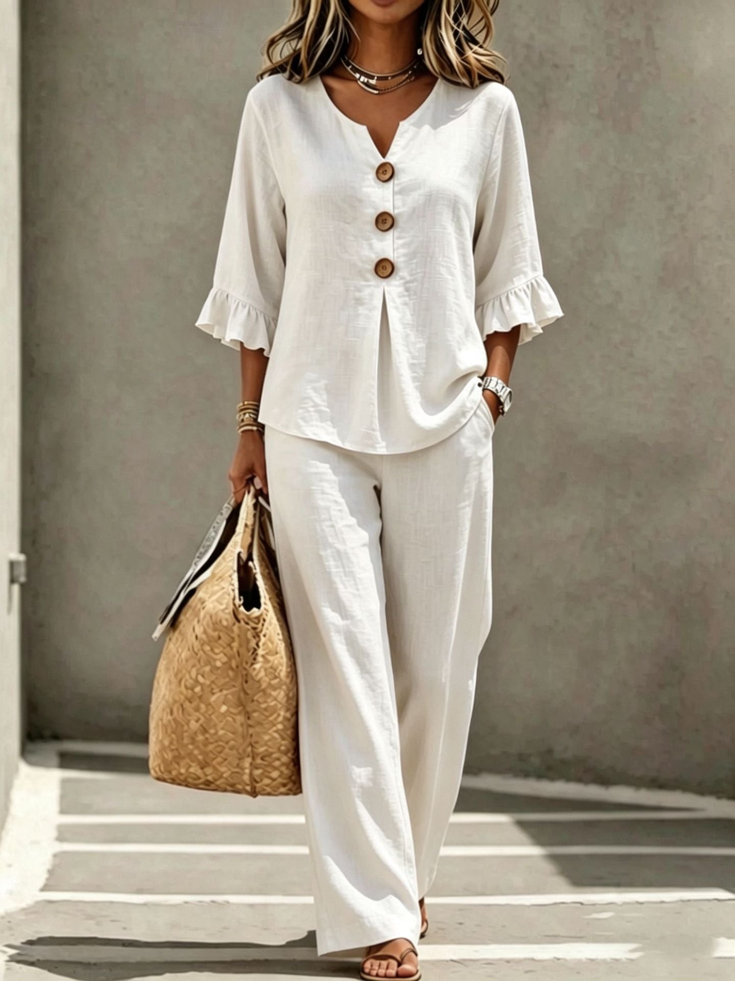 Linen Co Ord Set with Ruffle Sleeves and Wide Leg Trousers