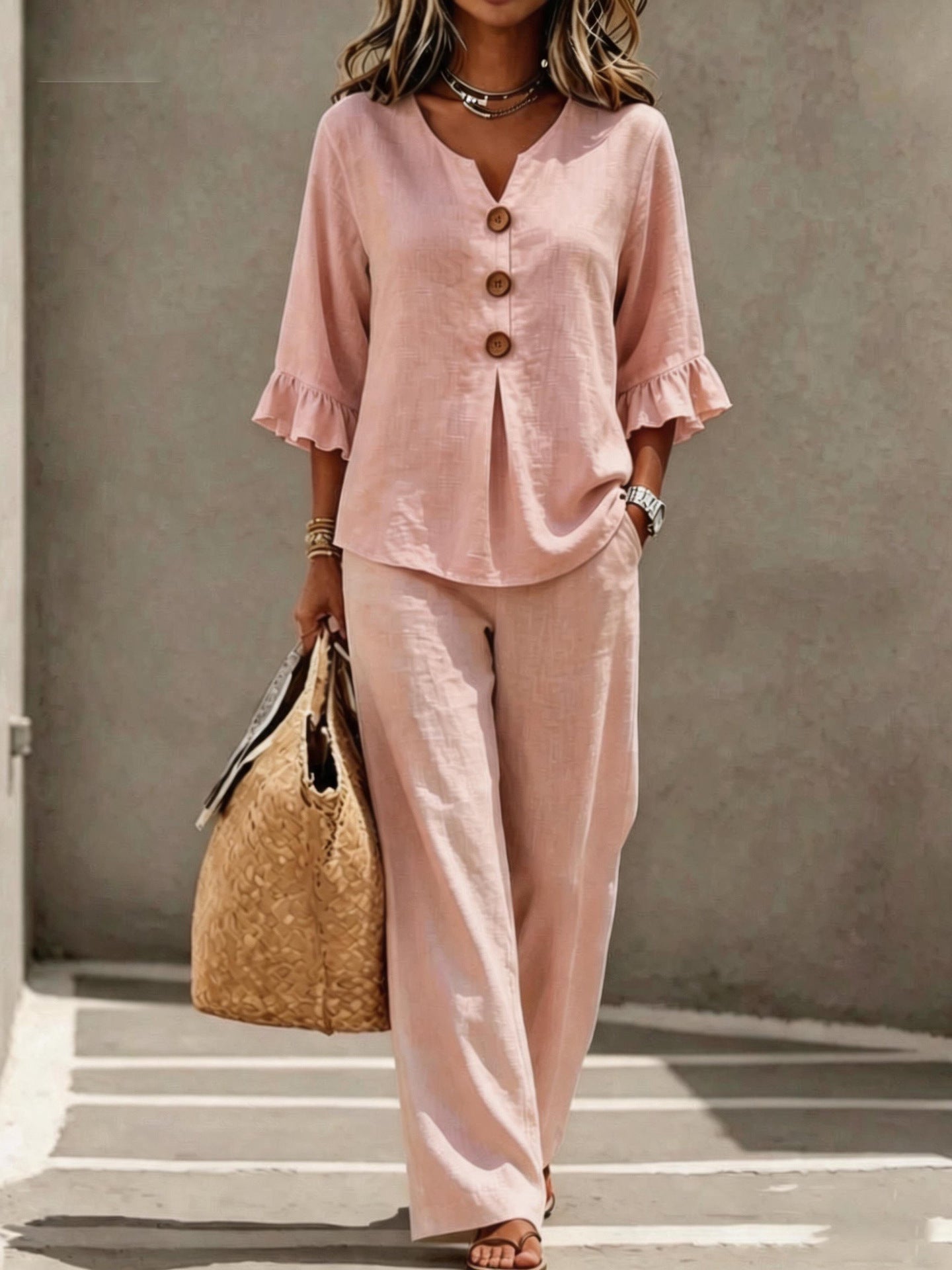 Linen Co Ord Set with Ruffle Sleeves and Wide Leg Trousers