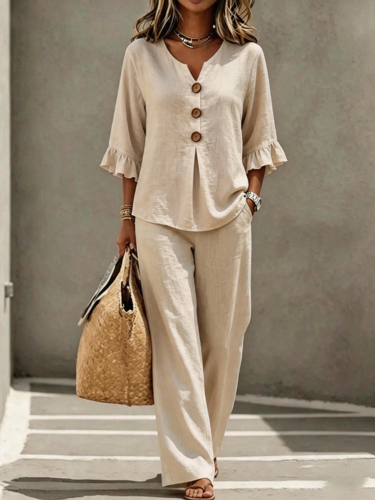 Linen Co Ord Set with Ruffle Sleeves and Wide Leg Trousers