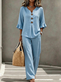 Linen Co Ord Set with Ruffle Sleeves and Wide Leg Trousers