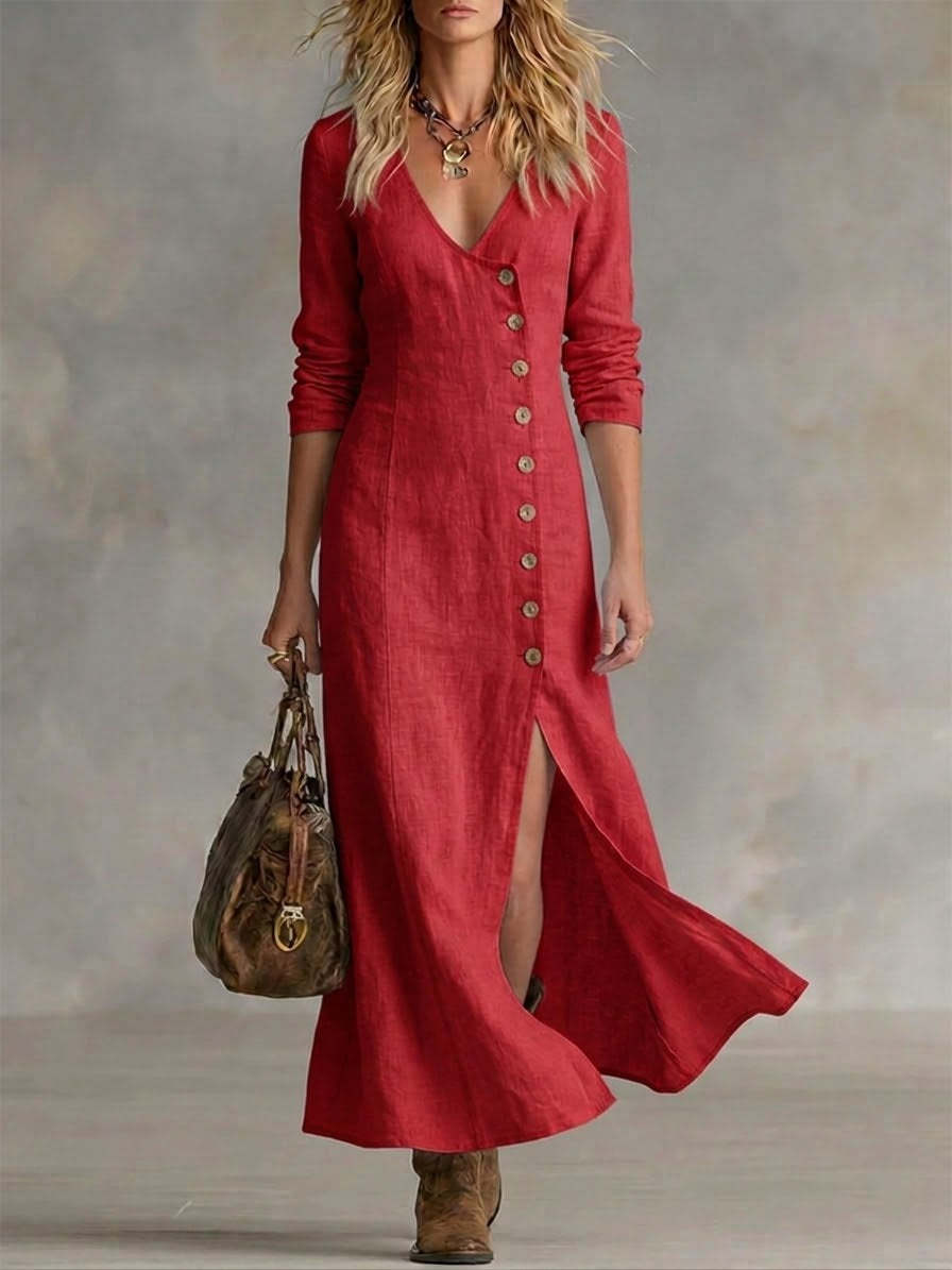Linen Maxi Dress with V-Neckline Button Front and Side Split