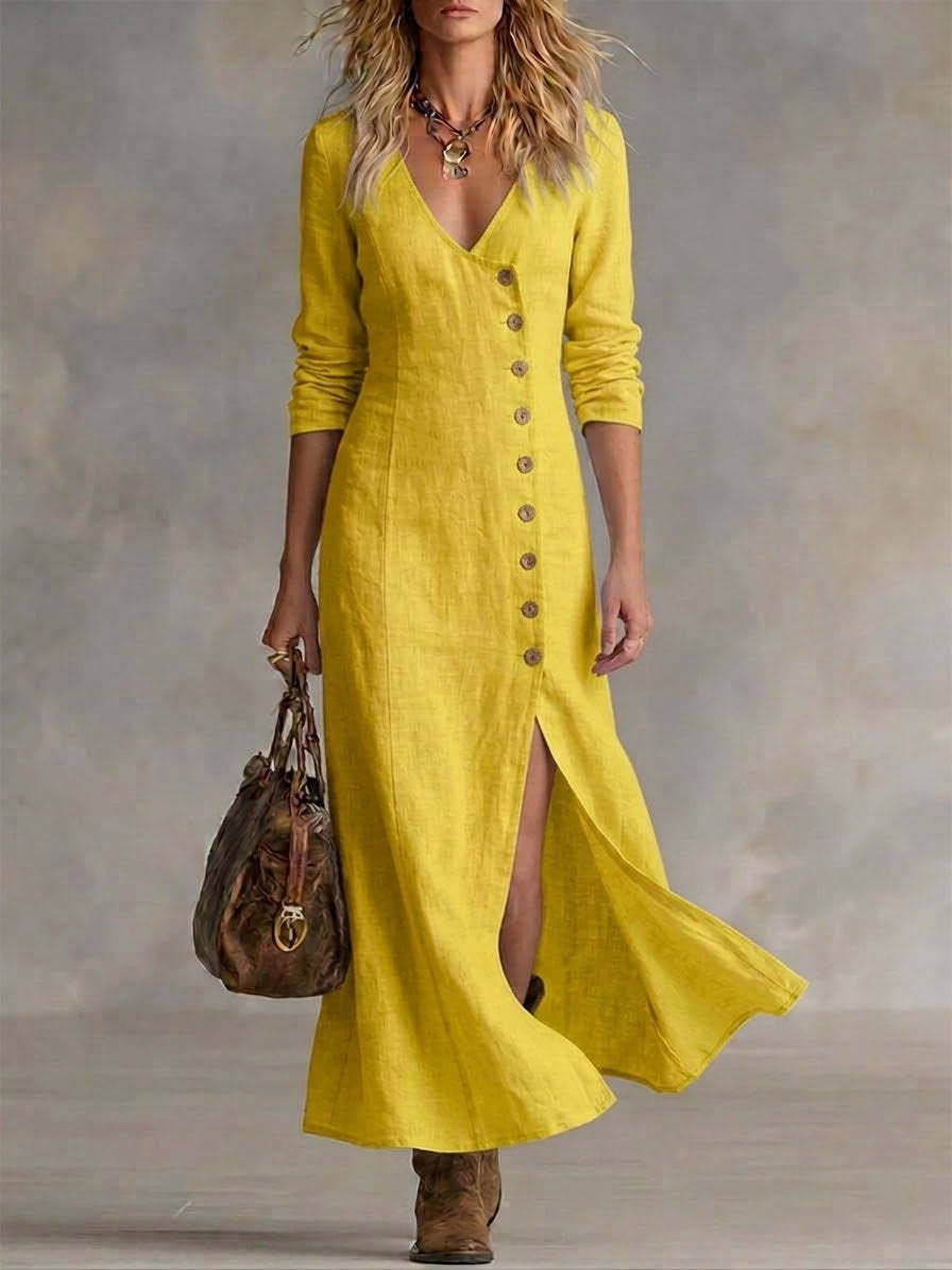 Linen Maxi Dress with V-Neckline Button Front and Side Split