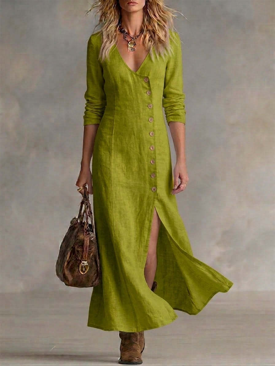 Linen Maxi Dress with V-Neckline Button Front and Side Split