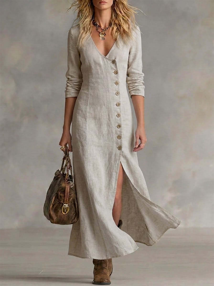 Linen Maxi Dress with V-Neckline Button Front and Side Split