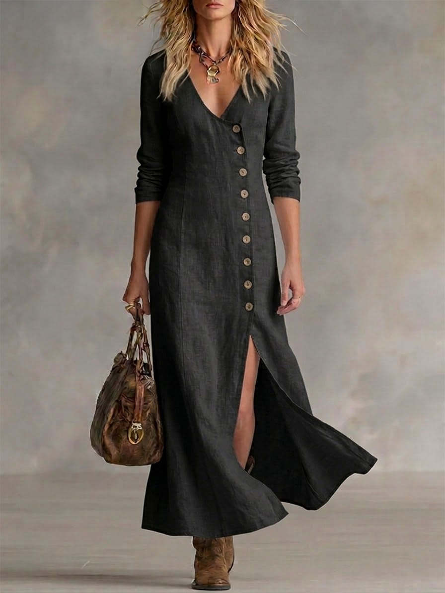 Linen Maxi Dress with V-Neckline Button Front and Side Split