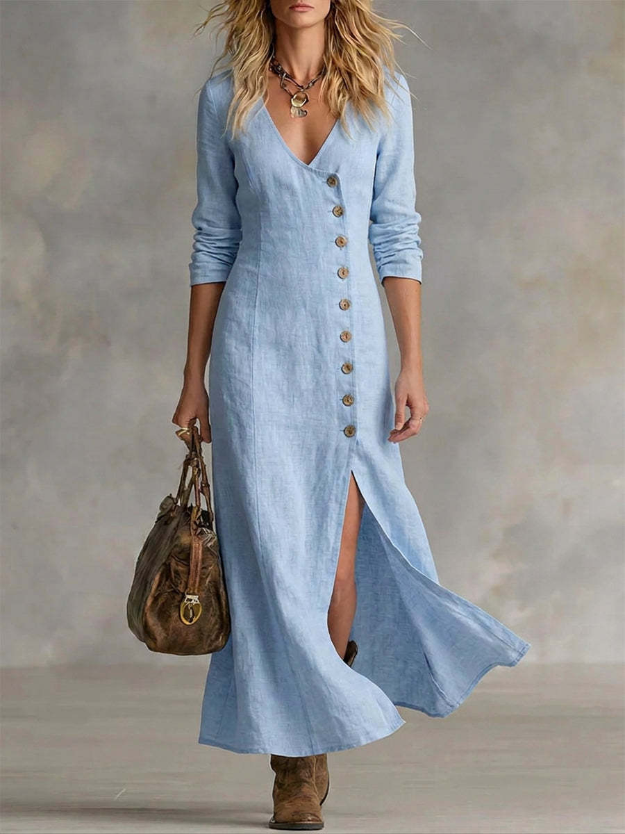 Linen Maxi Dress with V-Neckline Button Front and Side Split