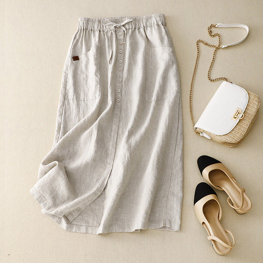 Linen Midi Skirt with Elastic Drawstring Waist