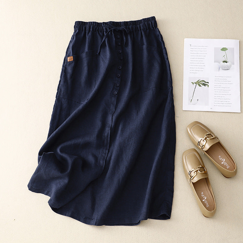 Linen Midi Skirt with Elastic Drawstring Waist