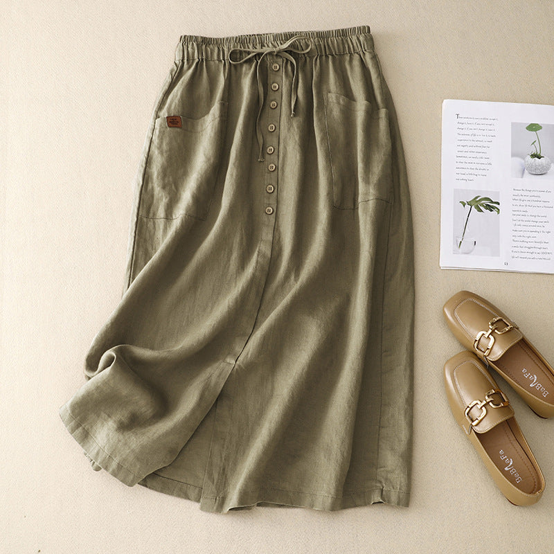 Linen Midi Skirt with Elastic Drawstring Waist