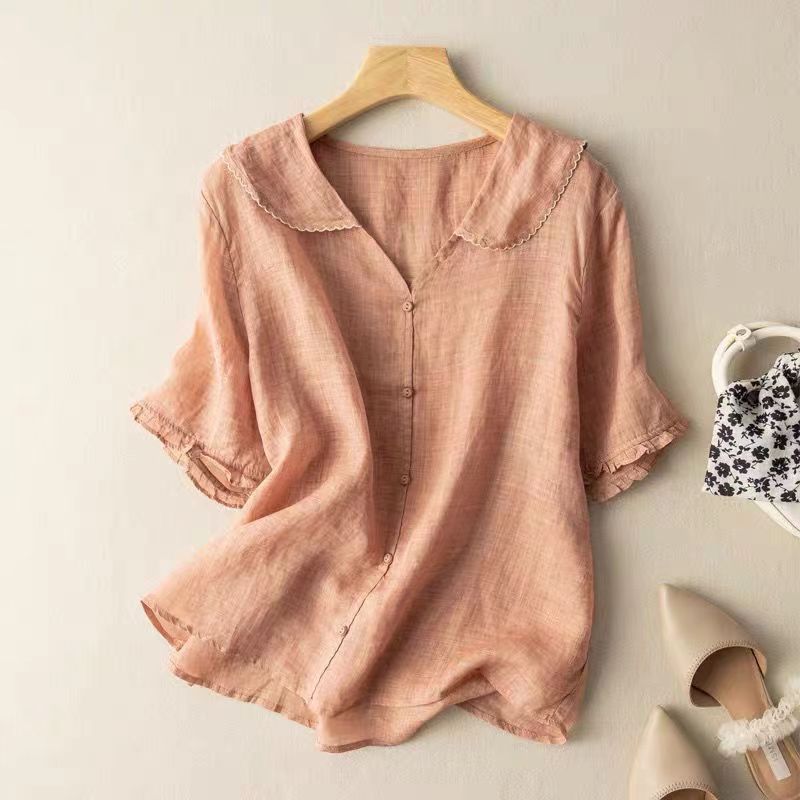 Linen Peter Pan Collar Blouse with Ruffle Sleeves