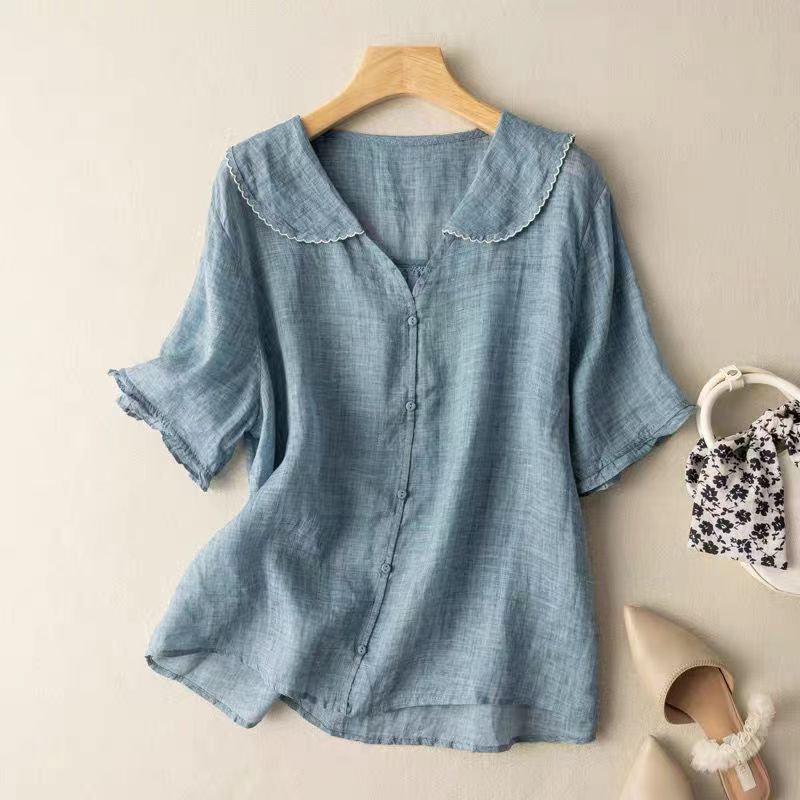 Linen Peter Pan Collar Blouse with Ruffle Sleeves
