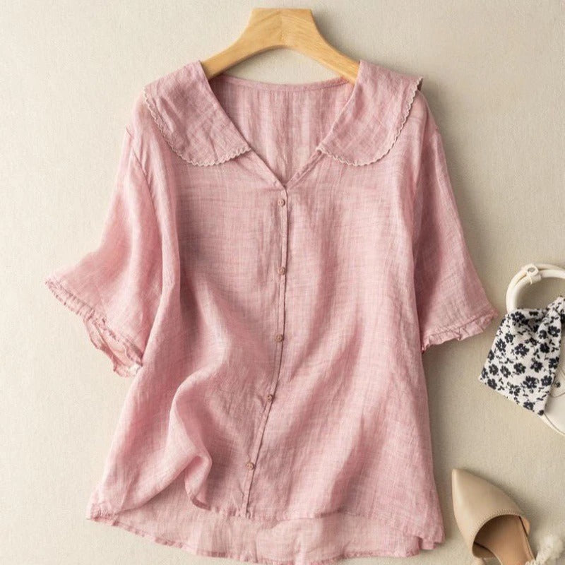 Linen Peter Pan Collar Blouse with Ruffle Sleeves