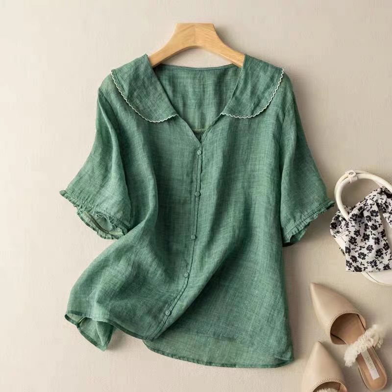 Linen Peter Pan Collar Blouse with Ruffle Sleeves