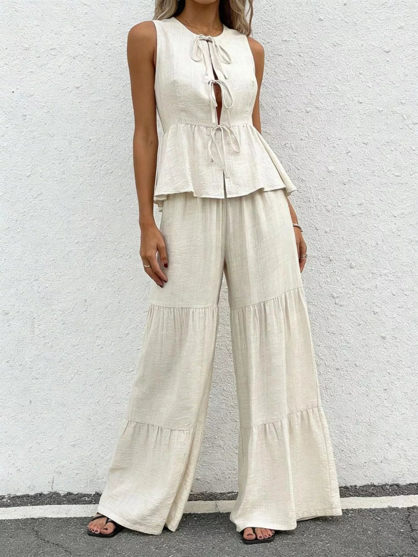 Linen-Style Peplum Top and Wide Leg Trouser Two Piece Set