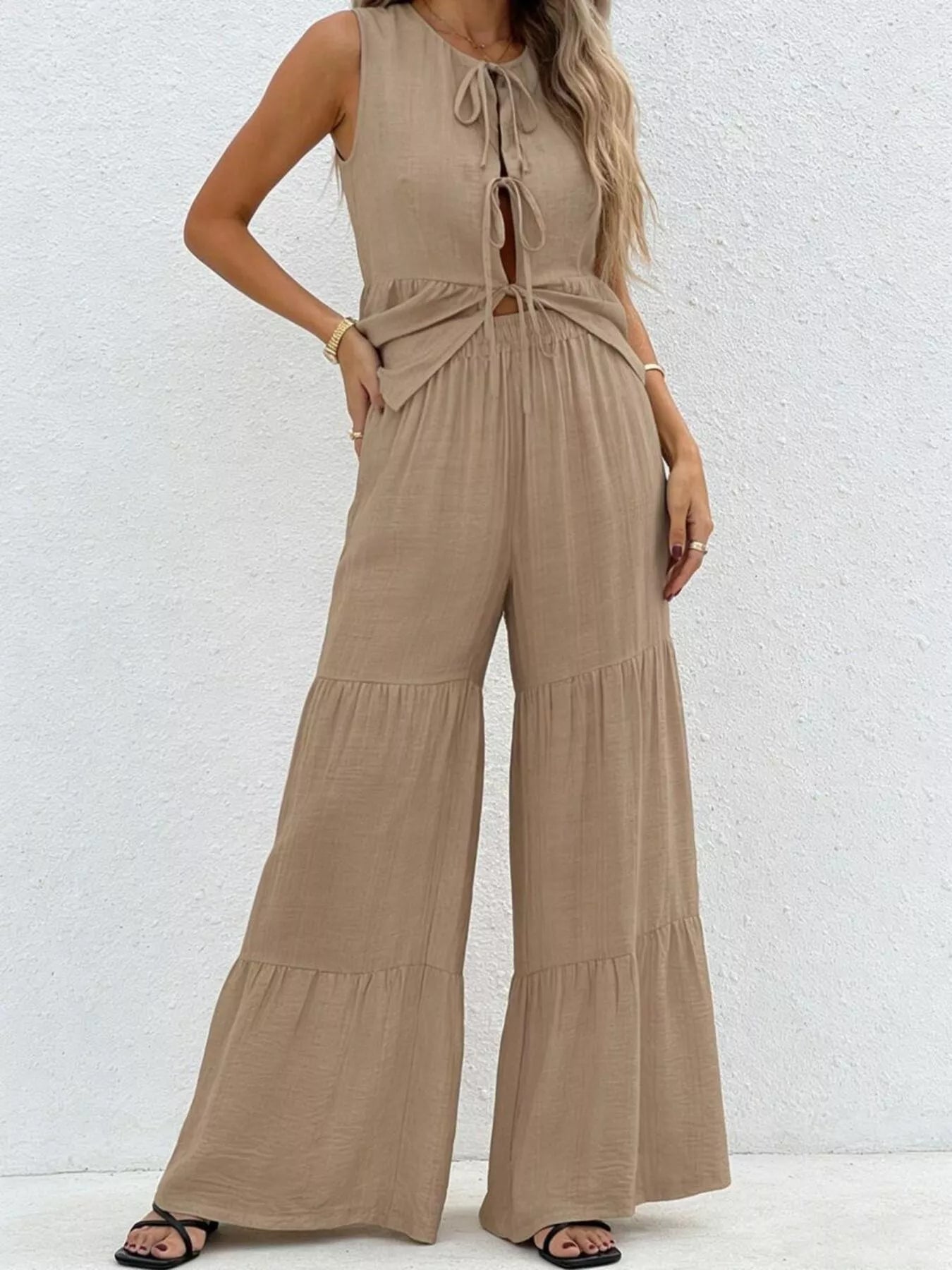 Linen-Style Peplum Top and Wide Leg Trouser Two Piece Set