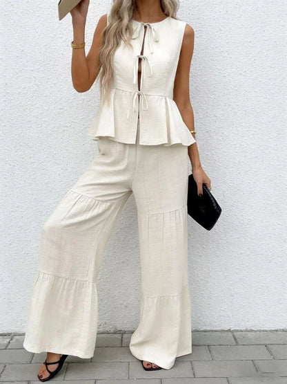 Linen-Style Peplum Top and Wide Leg Trouser Two Piece Set