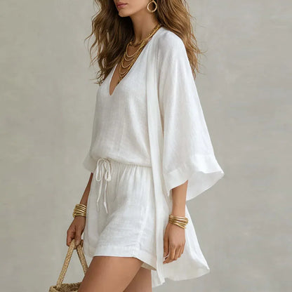 Linen Three Piece Set with Kimono Cardigan, V-Neck Top and Shorts