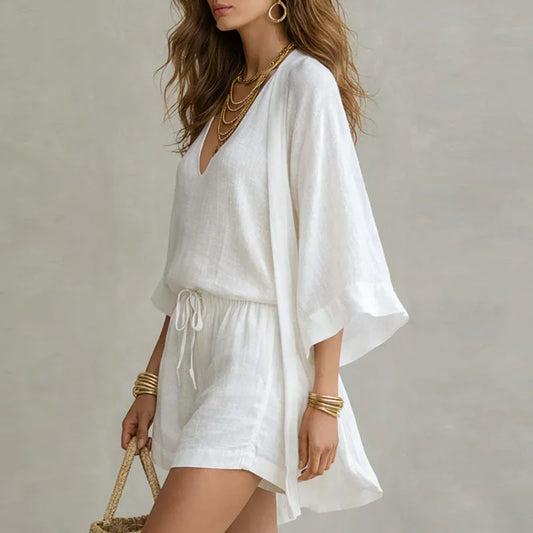 Linen Three Piece Set with Kimono Cardigan, V-Neck Top and Shorts