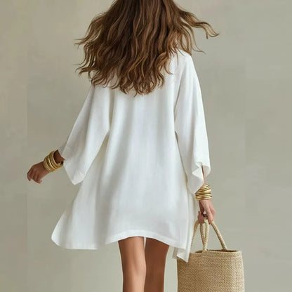 Linen Three Piece Set with Kimono Cardigan, V-Neck Top and Shorts