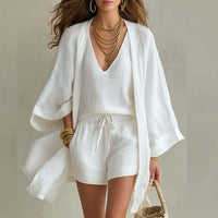 Linen Three Piece Set with Kimono Cardigan, V-Neck Top and Shorts
