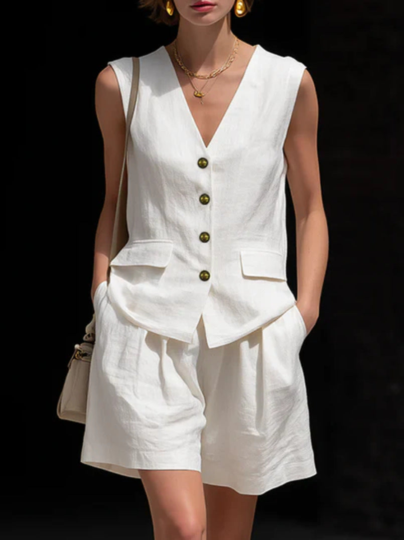 Linen Two Piece Set with Button Front Vest and Shorts