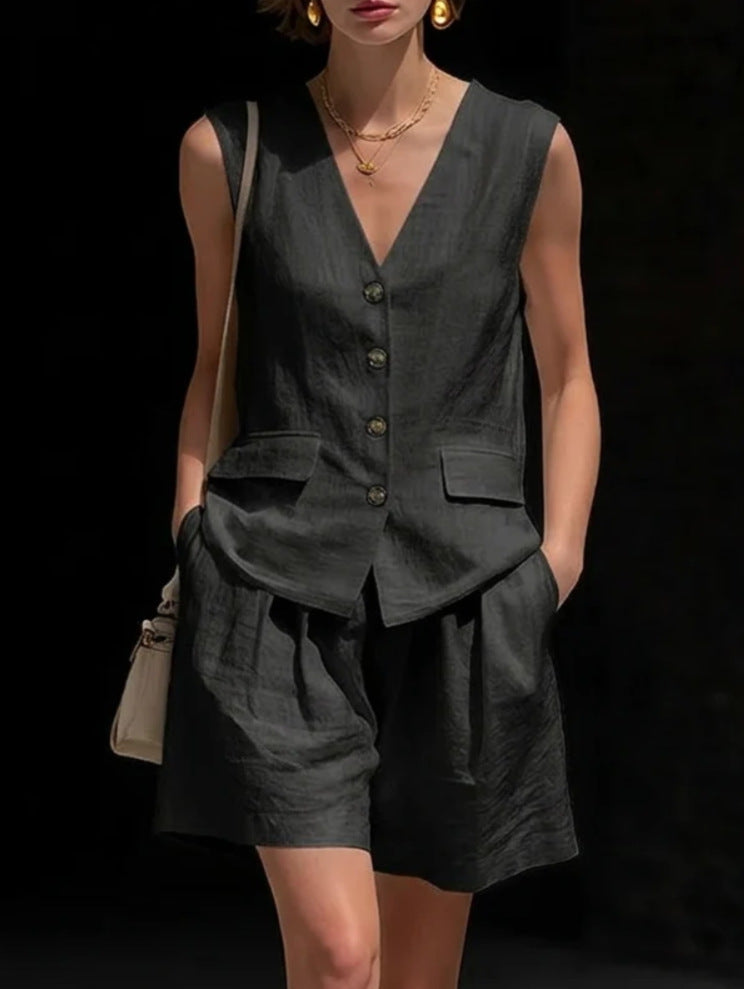 Linen Two Piece Set with Button Front Vest and Shorts