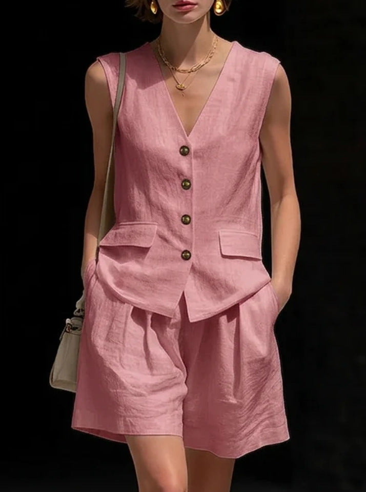 Linen Two Piece Set with Button Front Vest and Shorts