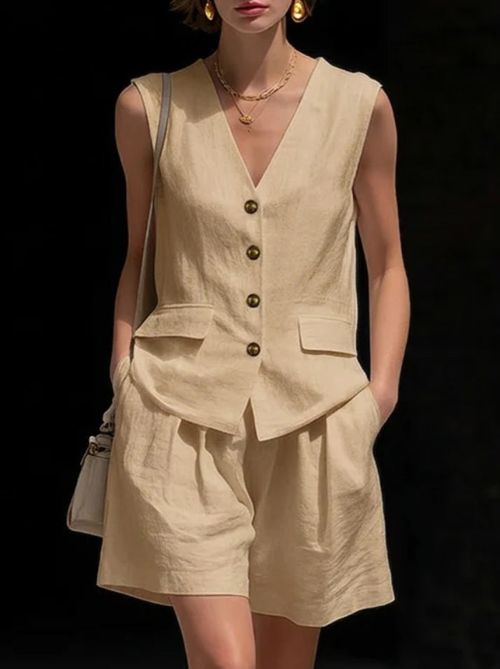 Linen Two Piece Set with Button Front Vest and Shorts