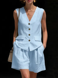 Linen Two Piece Set with Button Front Vest and Shorts