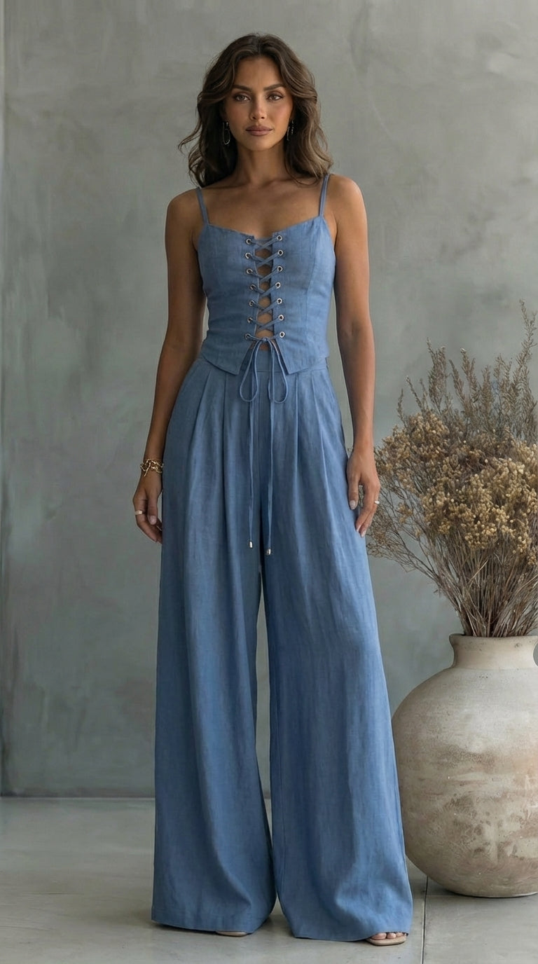 Linen Two Piece Set with Corset Top and Wide Leg Trousers