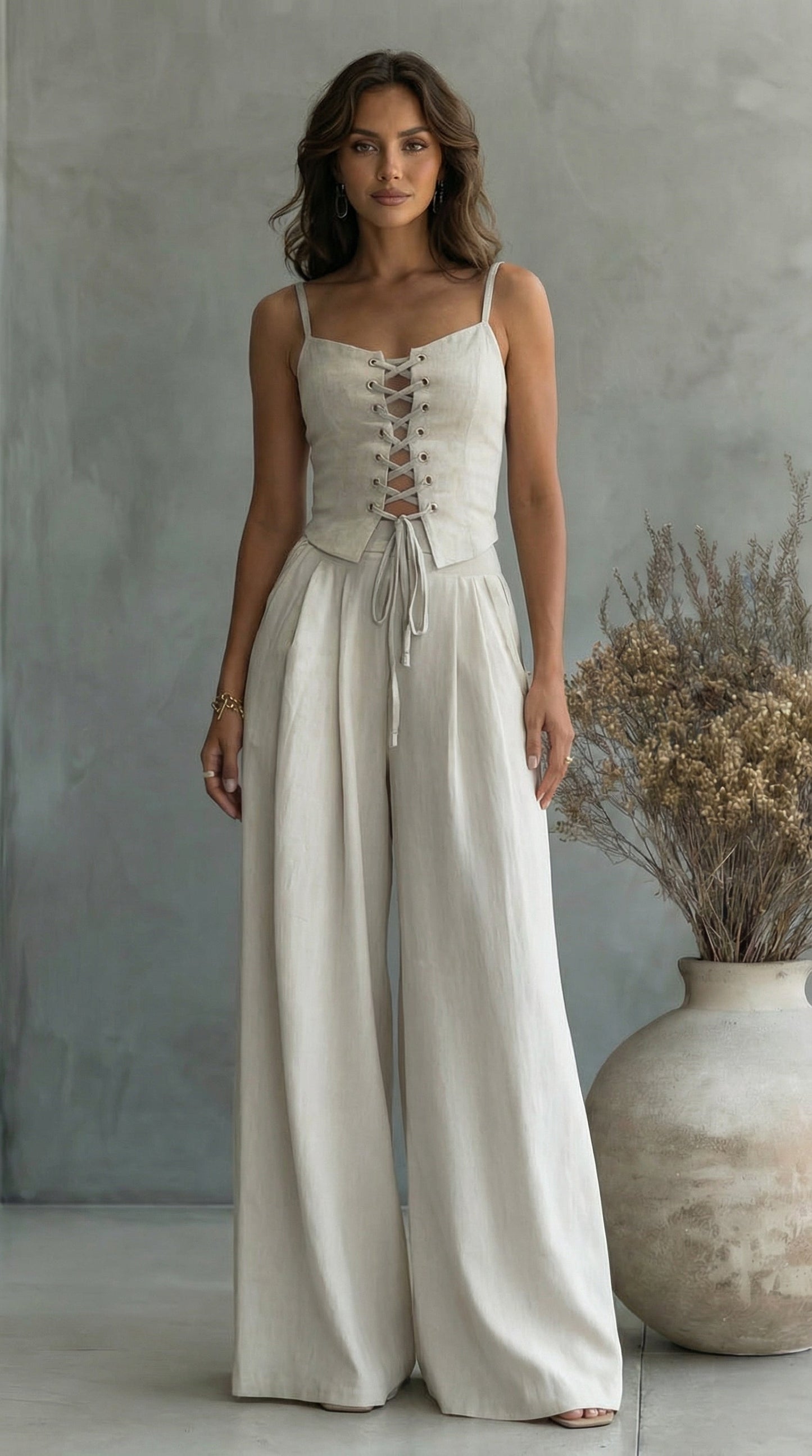 Linen Two Piece Set with Corset Top and Wide Leg Trousers