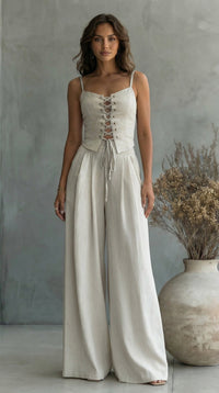 Linen Two Piece Set with Corset Top and Wide Leg Trousers
