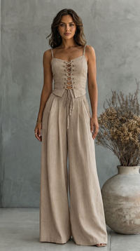 Linen Two Piece Set with Corset Top and Wide Leg Trousers