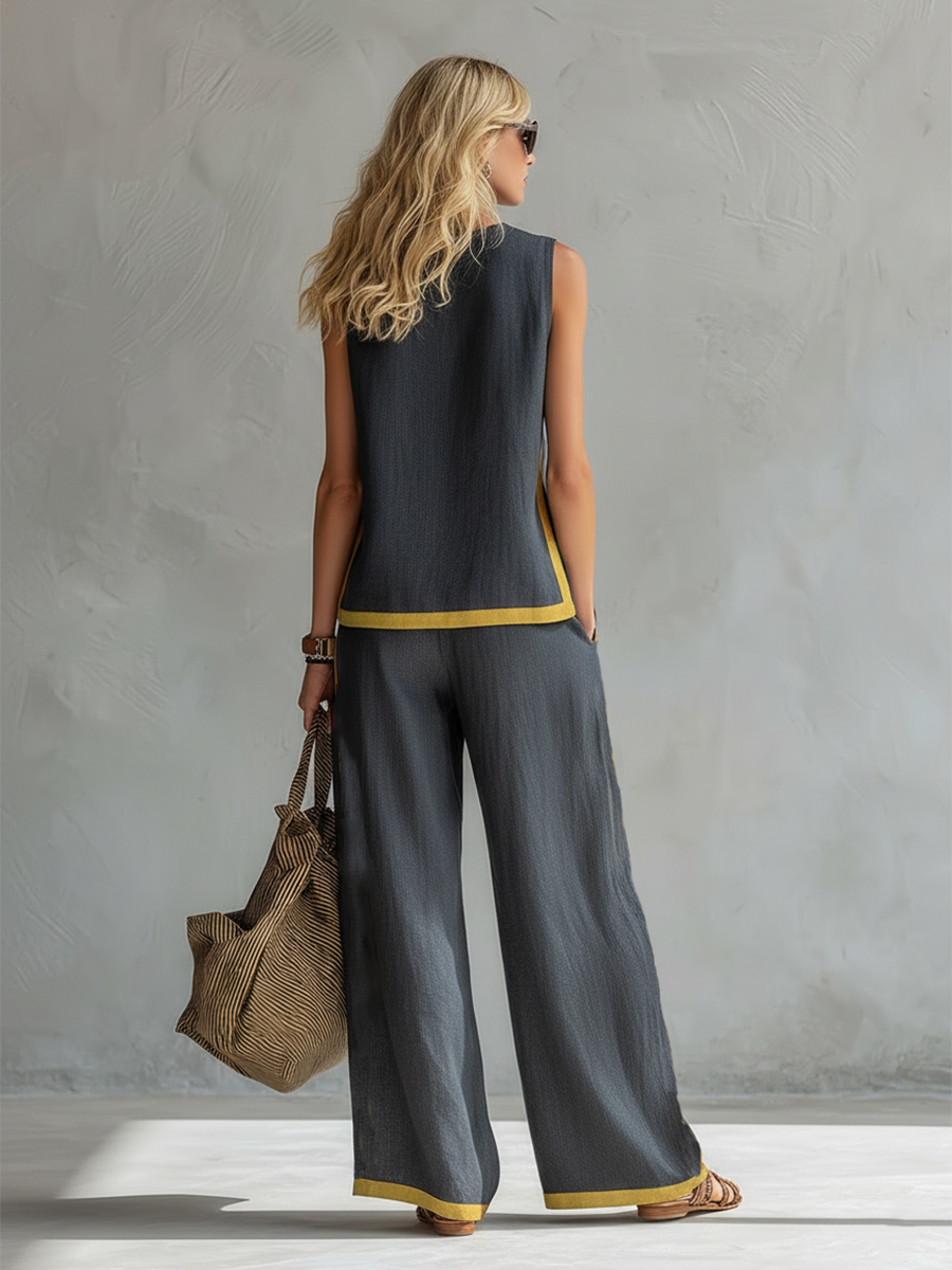 Linen Two Piece Set with Sleeveless Top and Wide Leg Trousers
