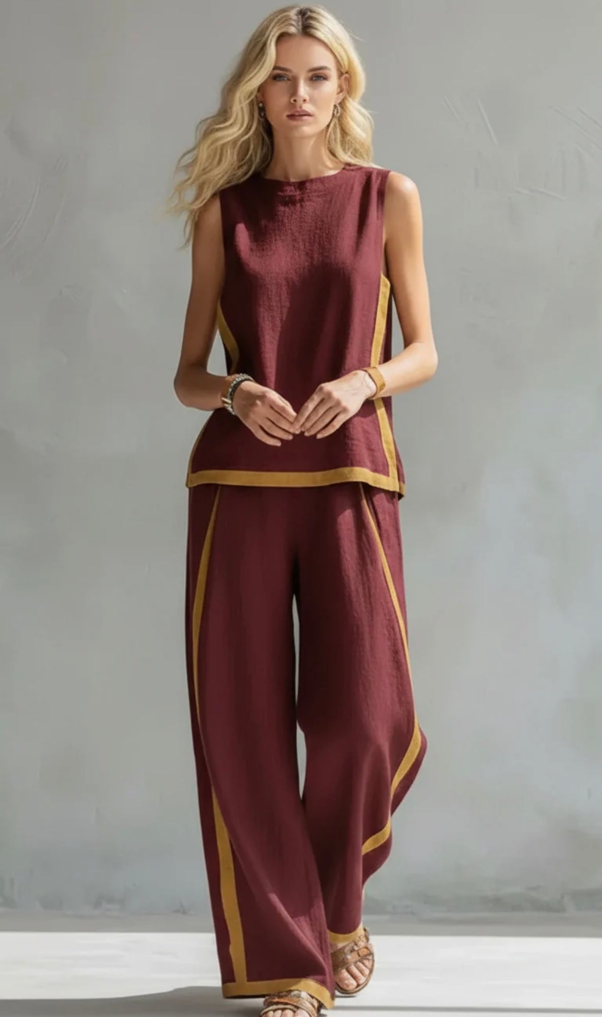 Linen Two Piece Set with Sleeveless Top and Wide Leg Trousers